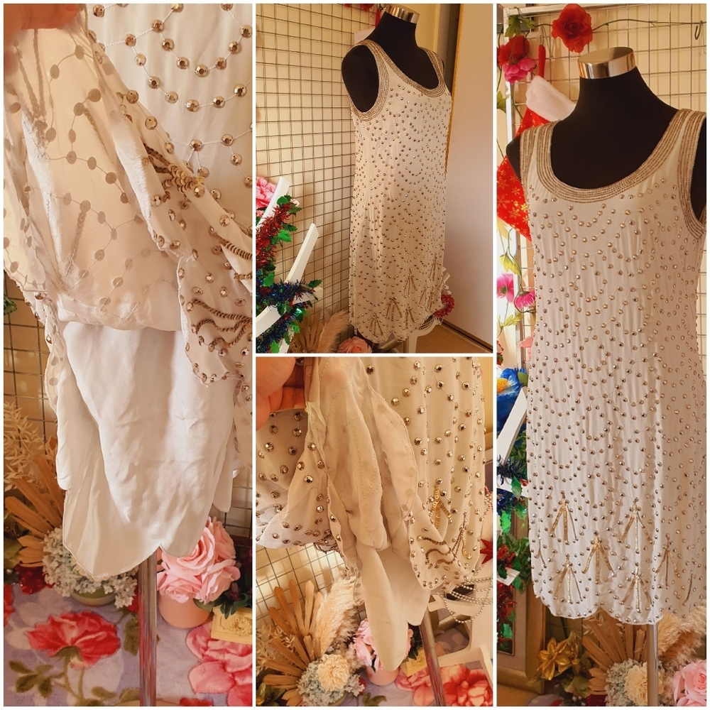 ALANNAH HILL | 100% Silk - Main & Lining | White Beaded Dress Sleeveless | AU 12 - Picture 8 of 15